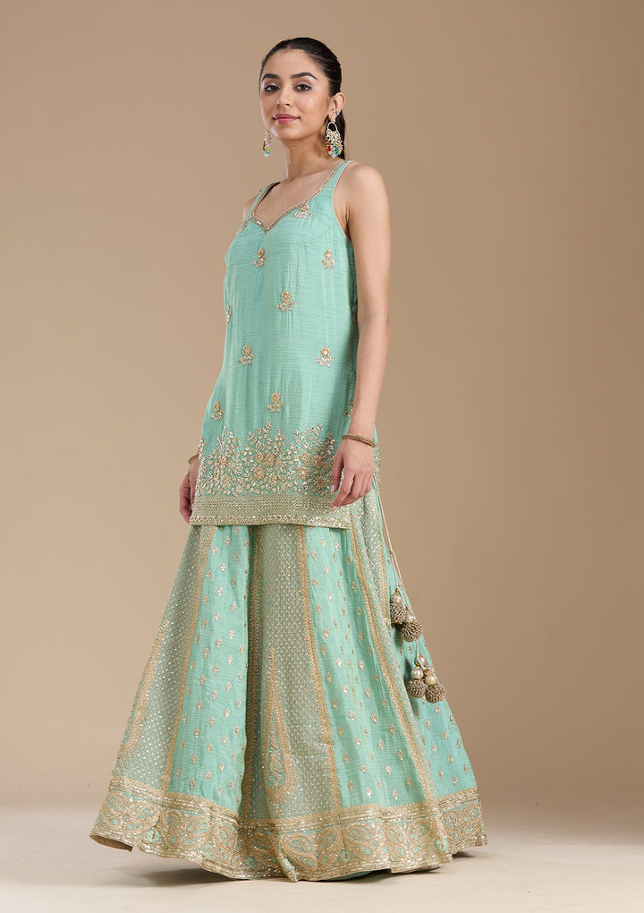 Sea Green Sequins Tissue Readymade Salwar Suit-koskii