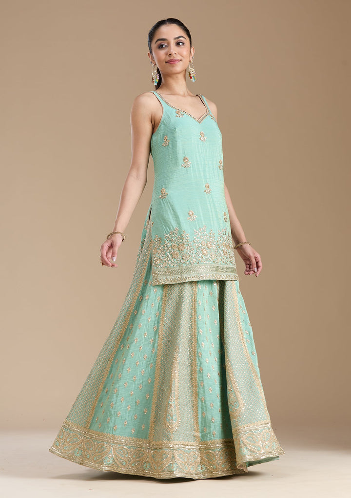 Sea Green Sequins Tissue Readymade Salwar Suit-koskii