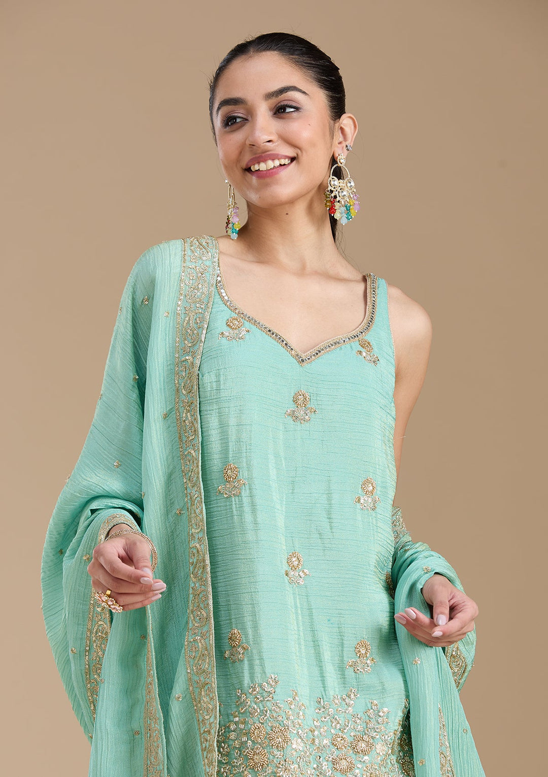 Sea Green Sequins Tissue Readymade Salwar Suit-koskii