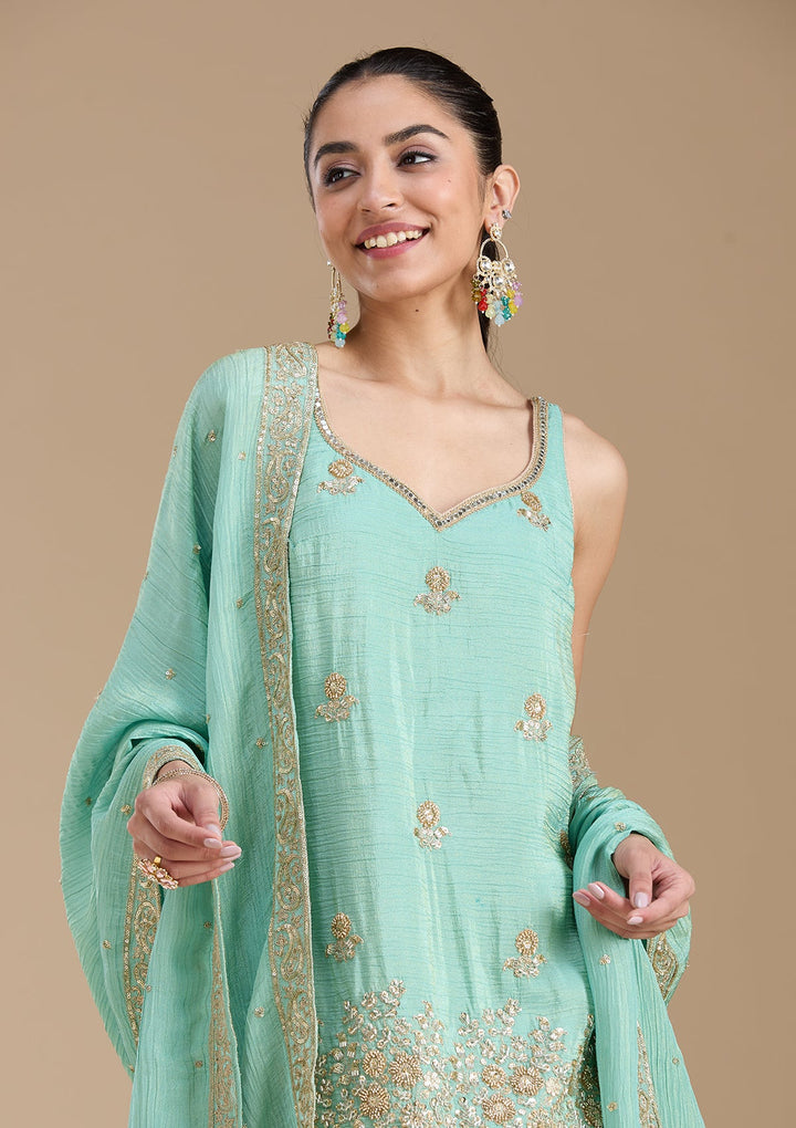 Sea Green Sequins Tissue Readymade Salwar Suit-koskii