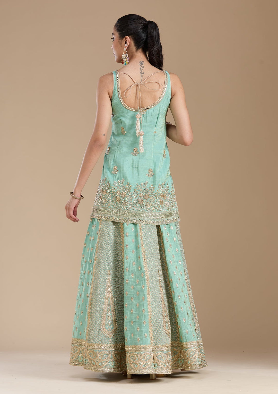 Sea Green Sequins Tissue Readymade Salwar Suit-koskii