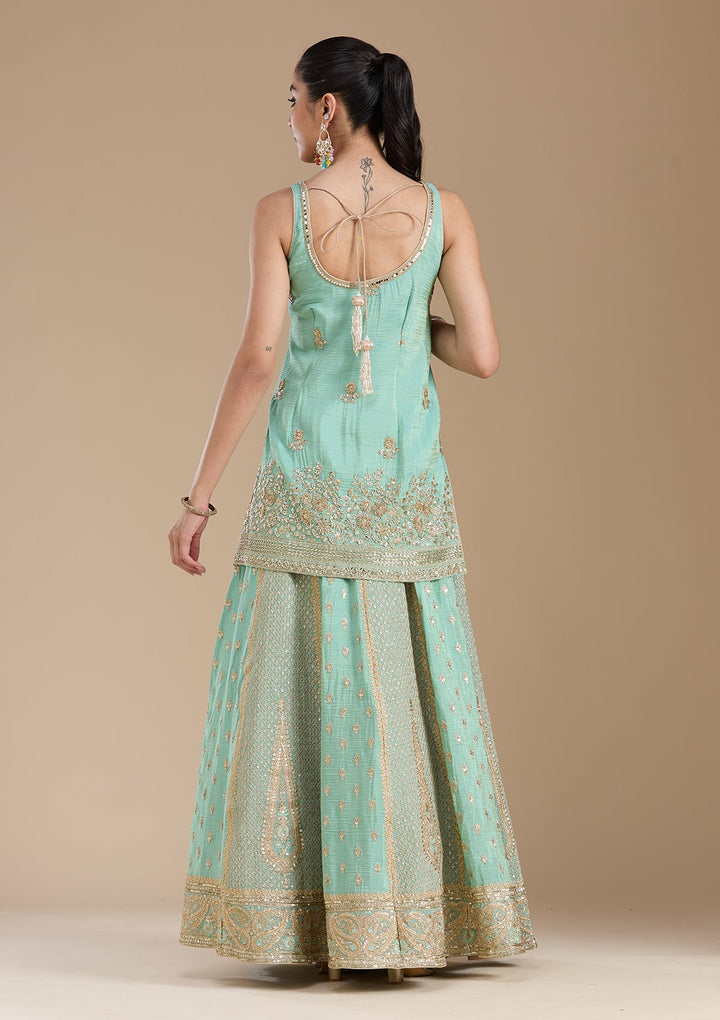 Sea Green Sequins Tissue Readymade Salwar Suit-koskii