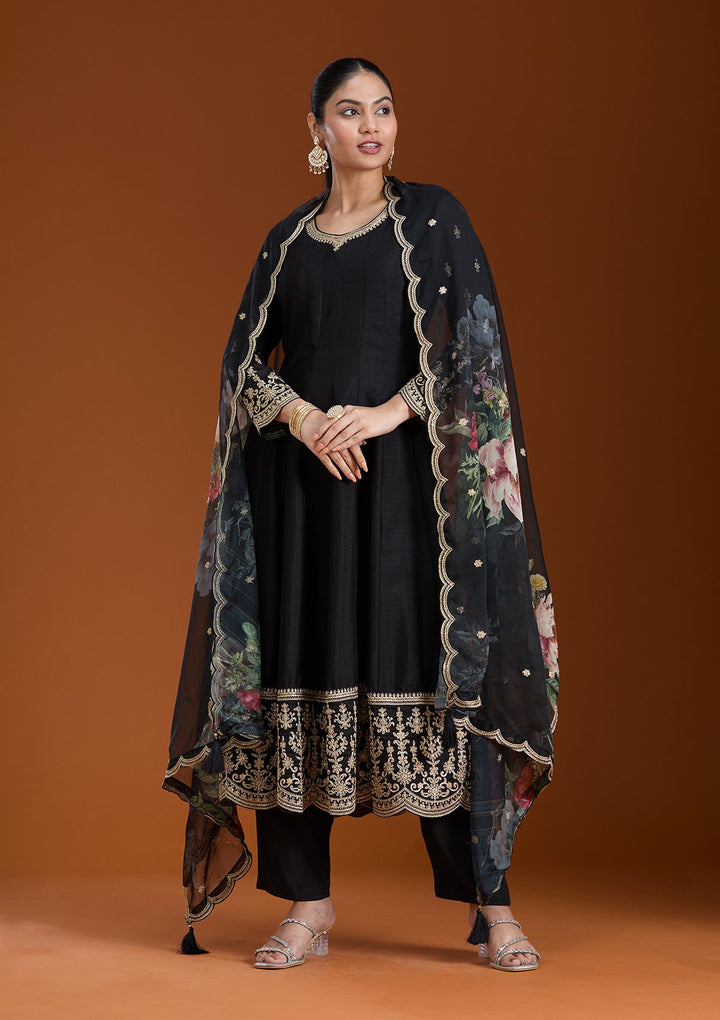 Black Zariwork (Gold) Soft Raw Silk Readymade Salwar Suit_koskii