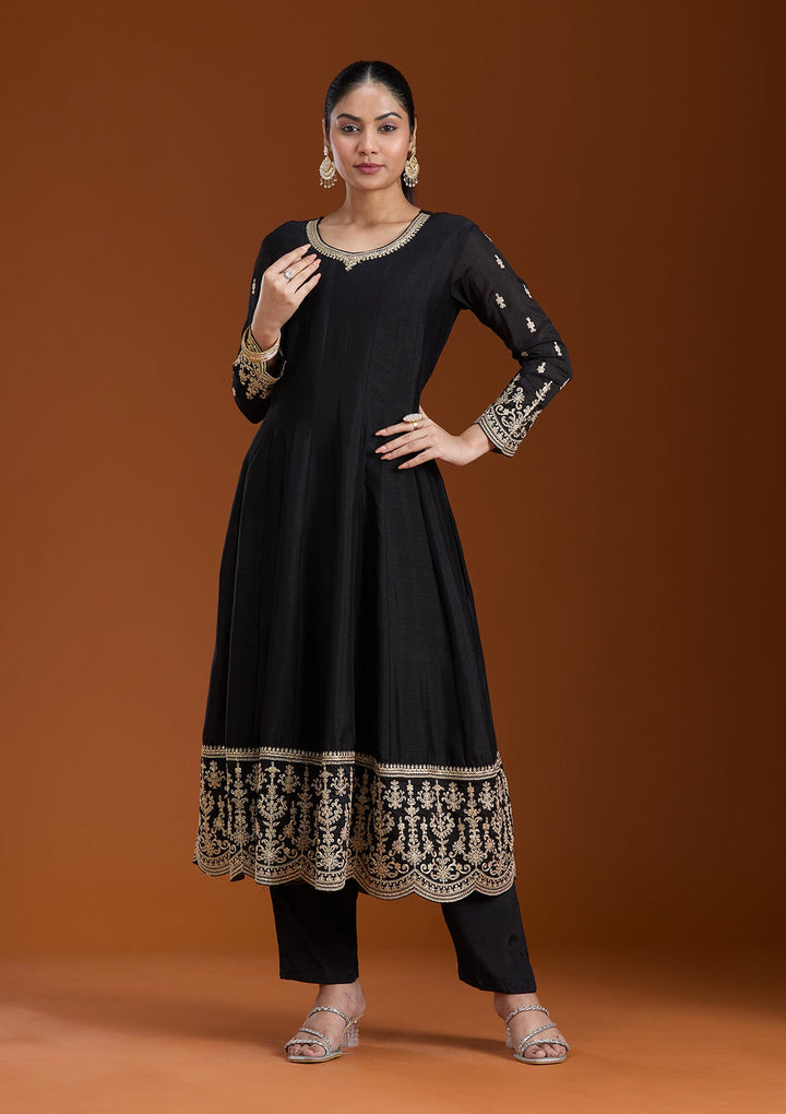 Black Zariwork (Gold) Soft Raw Silk Readymade Salwar Suit_koskii