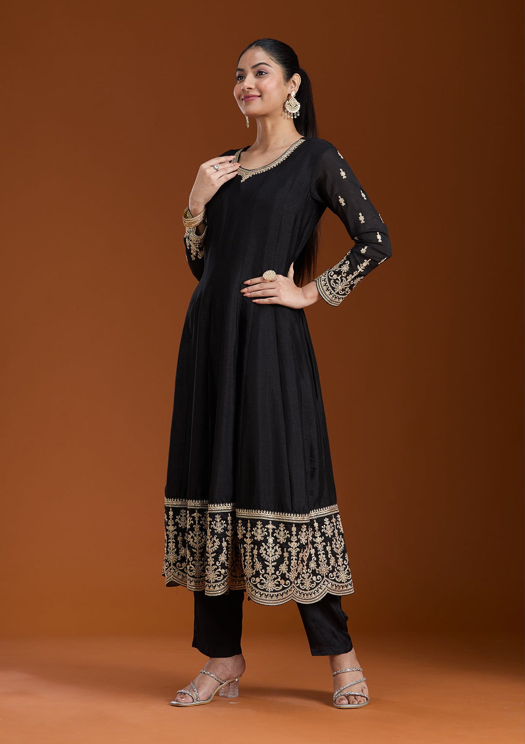 Black Zariwork (Gold) Soft Raw Silk Readymade Salwar Suit_koskii