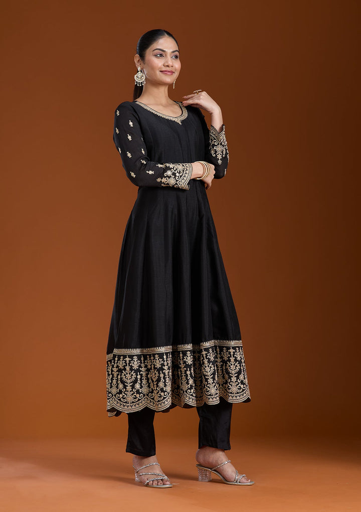 Black Zariwork (Gold) Soft Raw Silk Readymade Salwar Suit_koskii