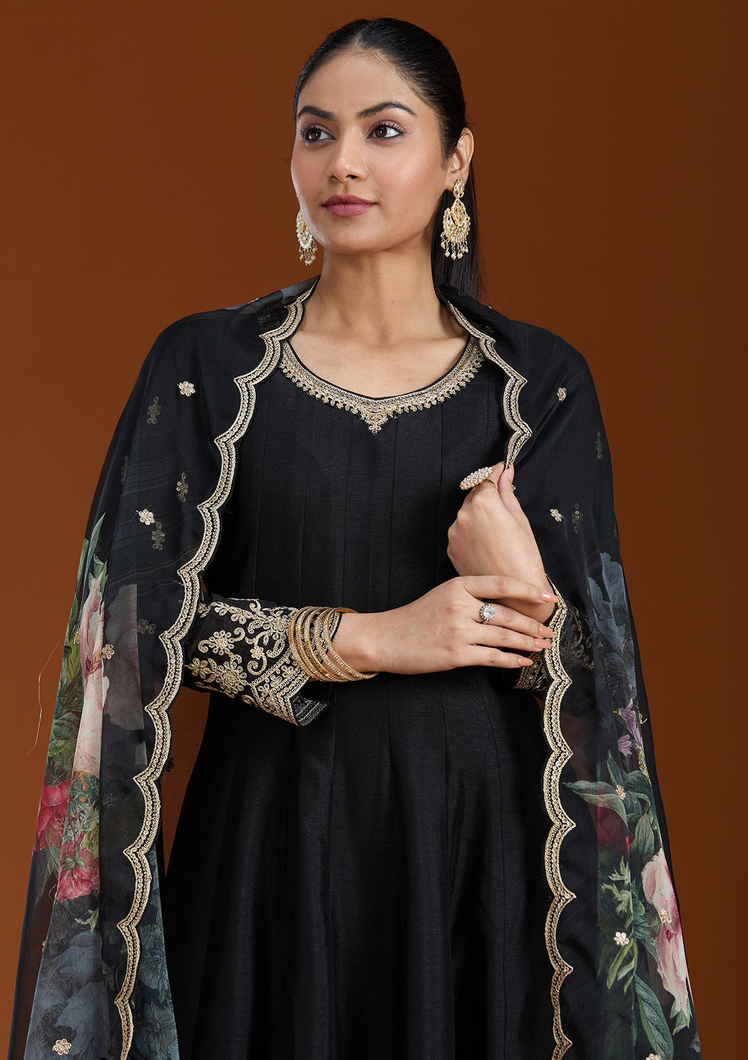 Black Zariwork (Gold) Soft Raw Silk Readymade Salwar Suit_koskii