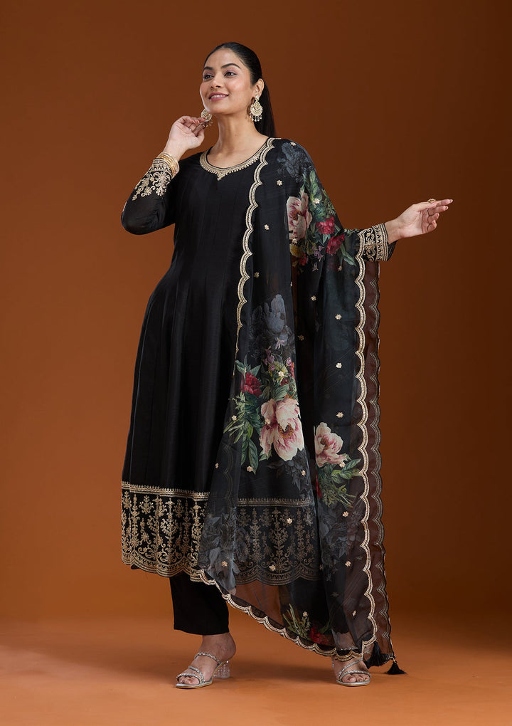 Black Zariwork (Gold) Soft Raw Silk Readymade Salwar Suit_koskii