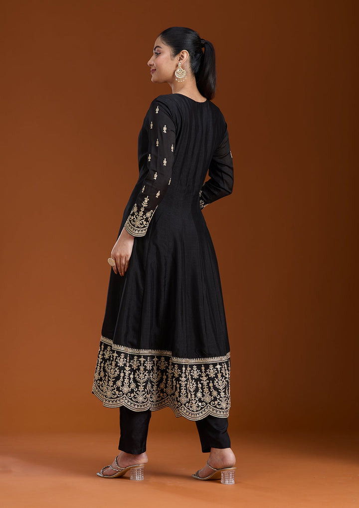 Black Zariwork (Gold) Soft Raw Silk Readymade Salwar Suit_koskii
