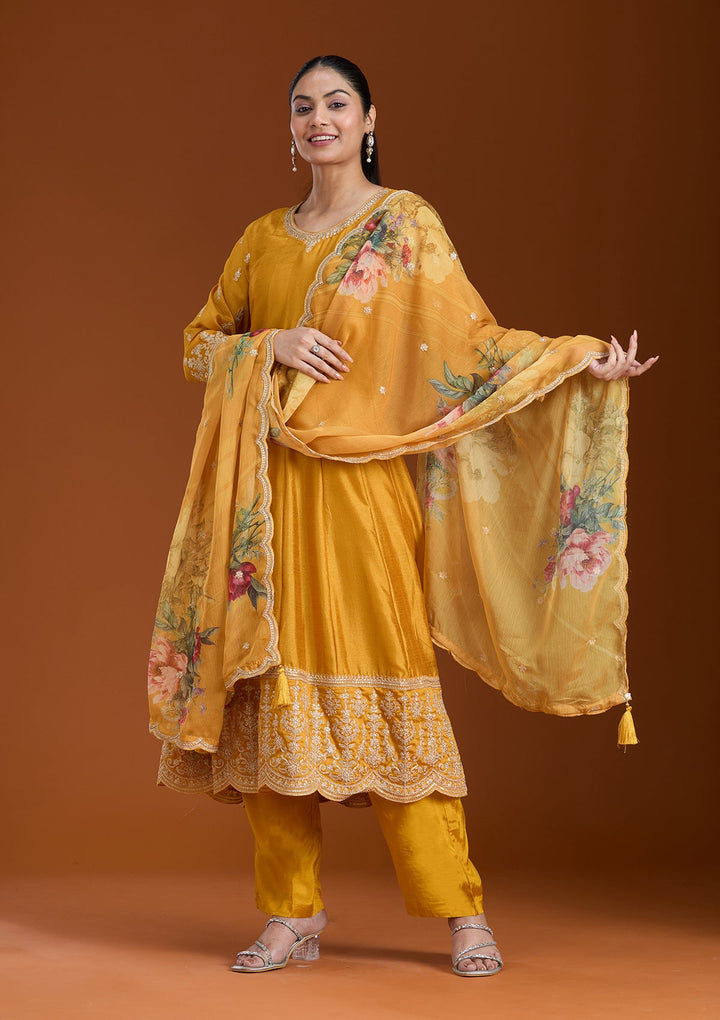 Mustard Zariwork (Gold) Soft Raw Silk Readymade Salwar Suit_koskii