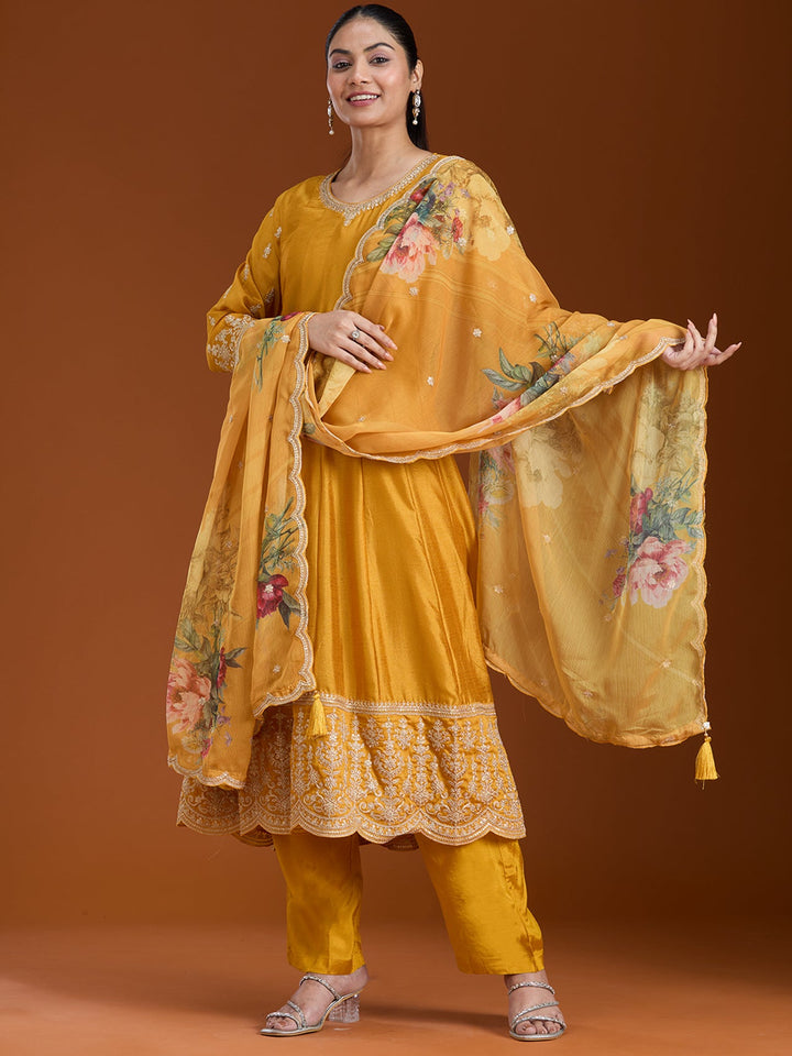 Mustard Yellow Zariwork (Gold) Soft Raw Silk Readymade Salwar Suit