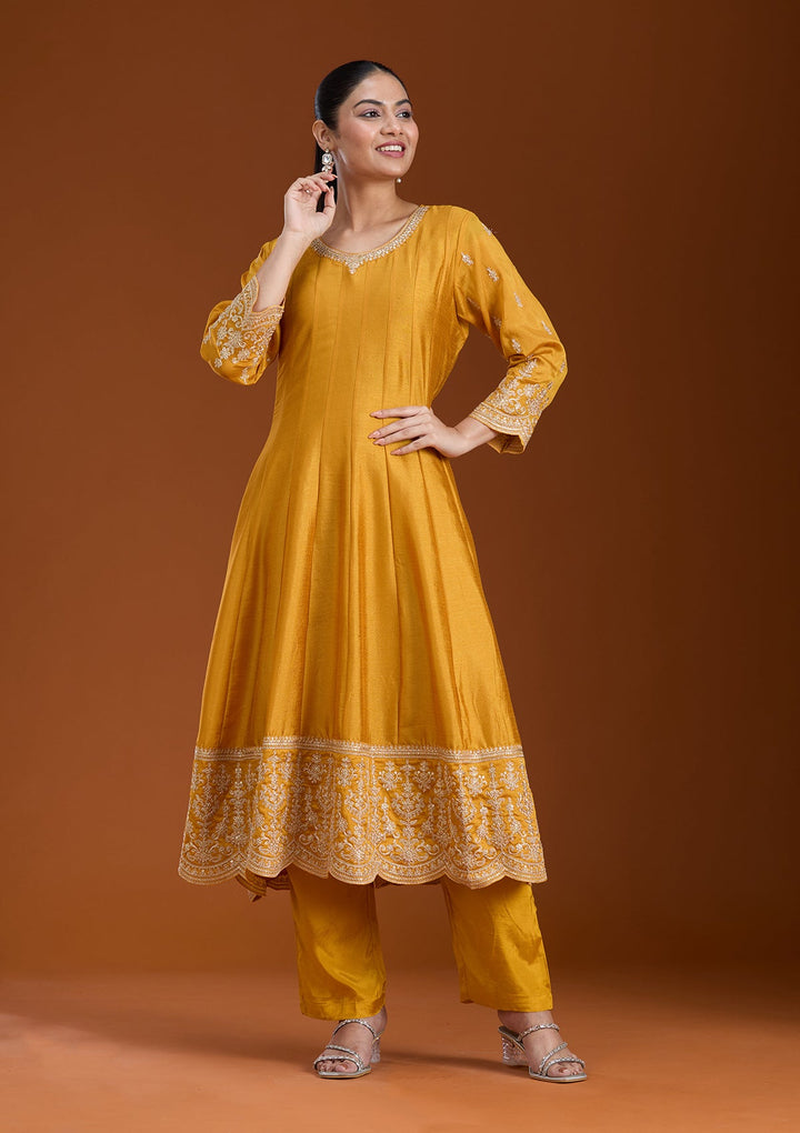 Mustard Zariwork (Gold) Soft Raw Silk Readymade Salwar Suit_koskii