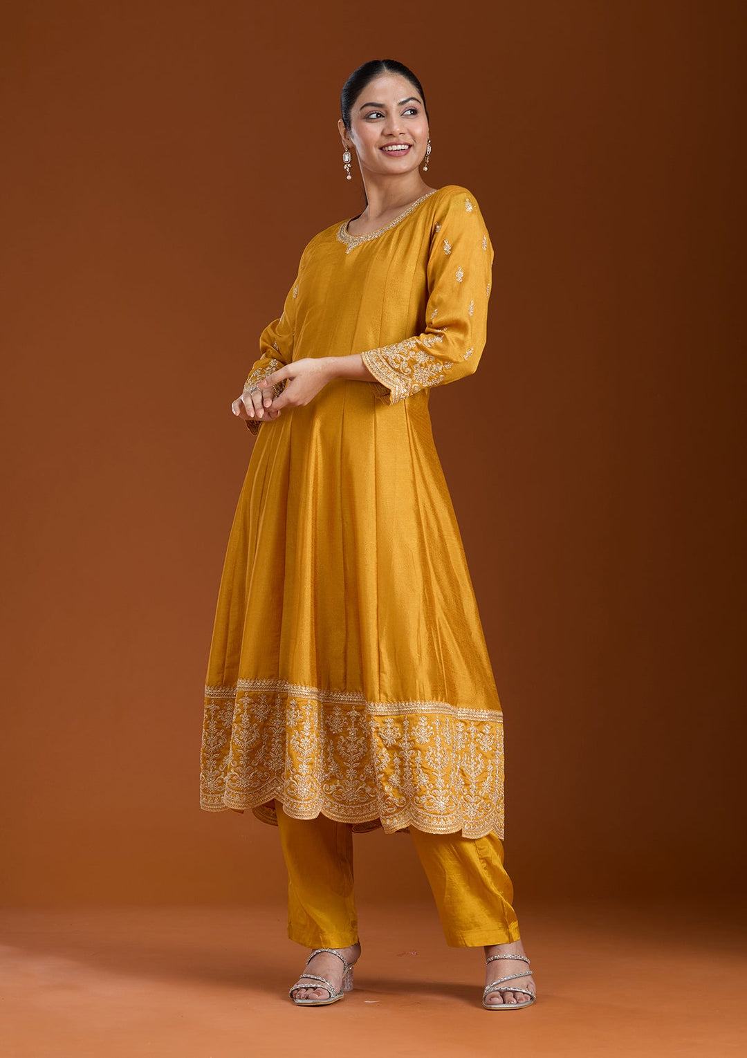 Mustard Zariwork (Gold) Soft Raw Silk Readymade Salwar Suit_koskii