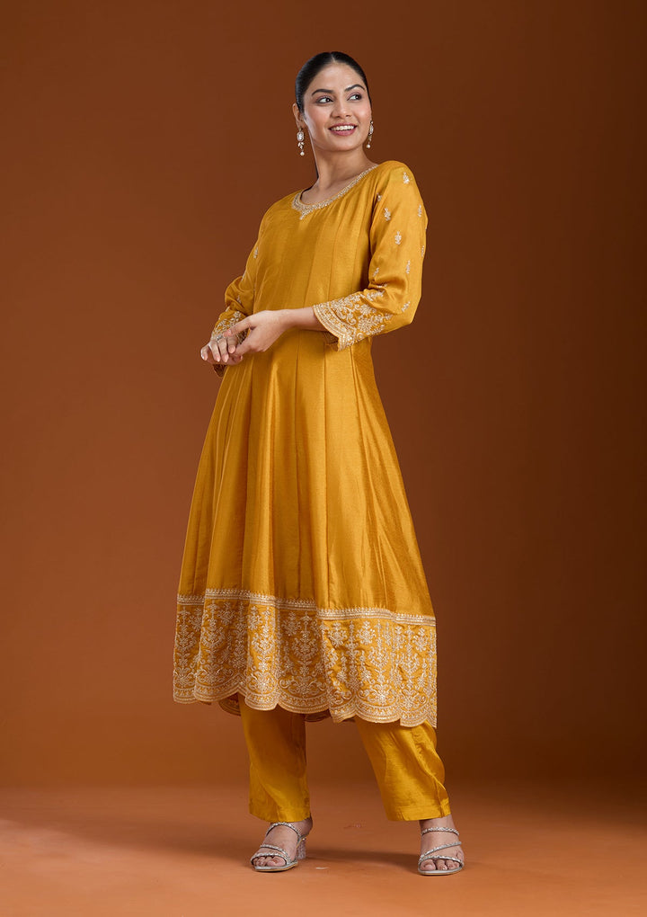 Mustard Zariwork (Gold) Soft Raw Silk Readymade Salwar Suit_koskii