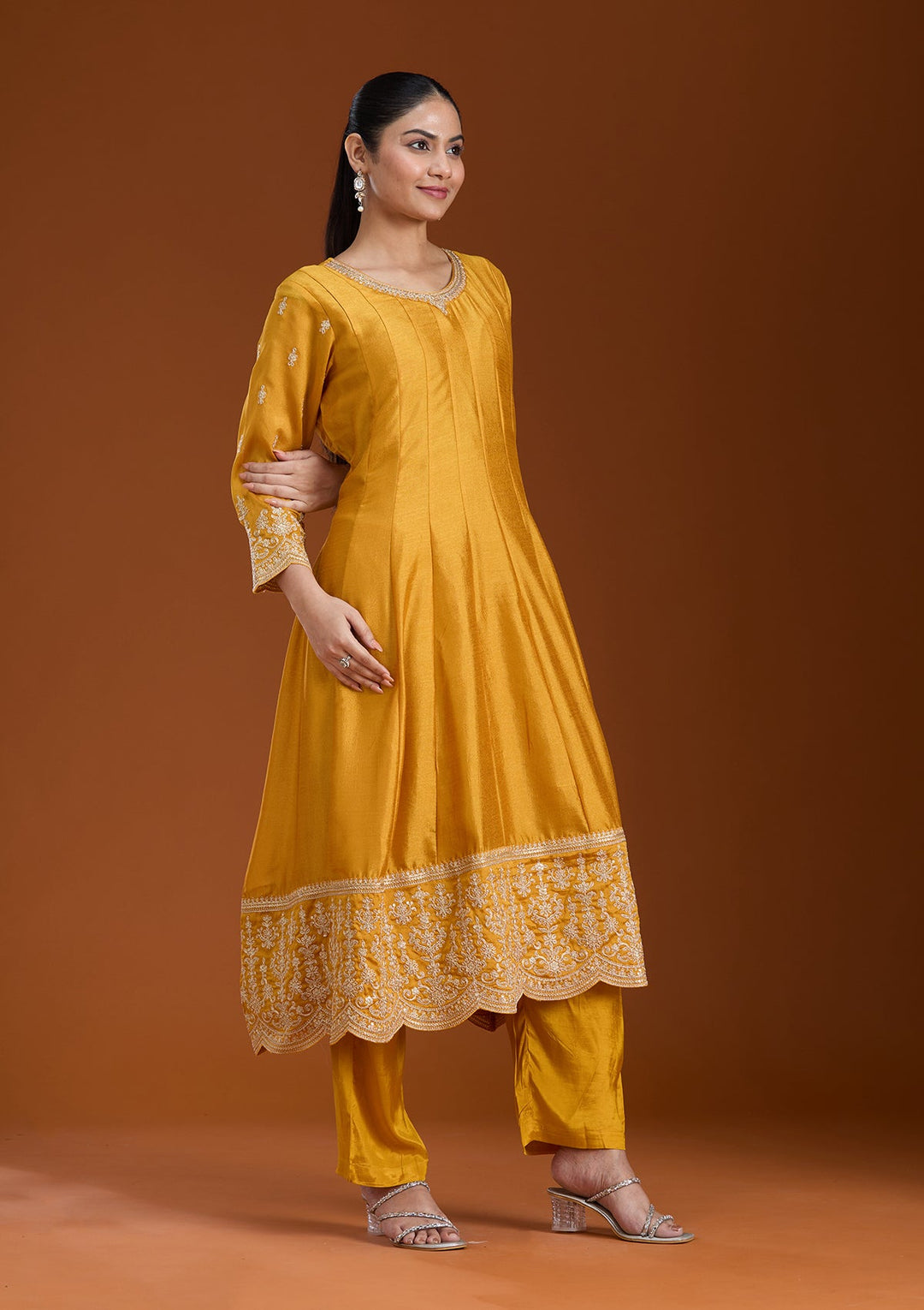 Mustard Zariwork (Gold) Soft Raw Silk Readymade Salwar Suit_koskii