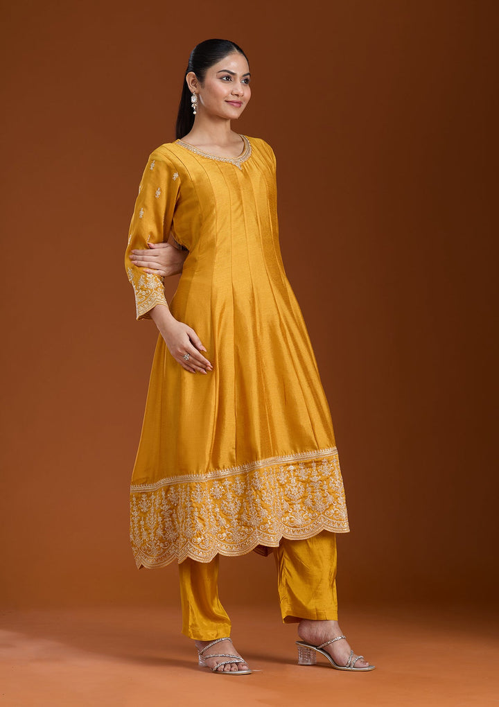 Mustard Zariwork (Gold) Soft Raw Silk Readymade Salwar Suit_koskii