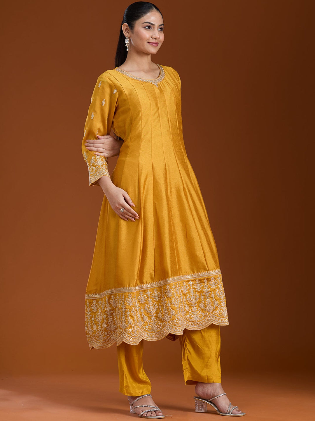 Mustard Yellow Zariwork (Gold) Soft Raw Silk Readymade Salwar Suit
