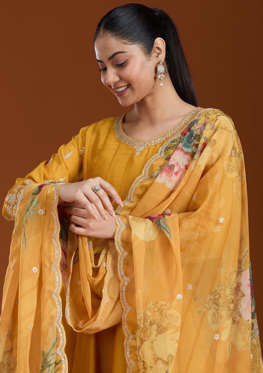 Mustard Zariwork (Gold) Soft Raw Silk Readymade Salwar Suit_koskii