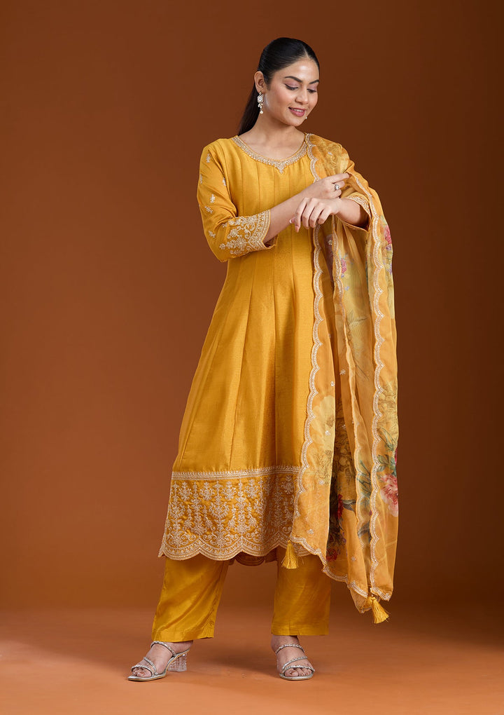 Mustard Zariwork (Gold) Soft Raw Silk Readymade Salwar Suit_koskii