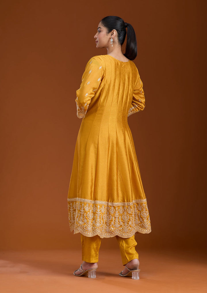 Mustard Zariwork (Gold) Soft Raw Silk Readymade Salwar Suit_koskii