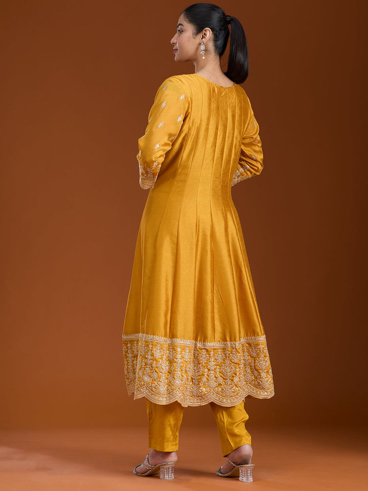 Mustard Yellow Zariwork (Gold) Soft Raw Silk Readymade Salwar Suit