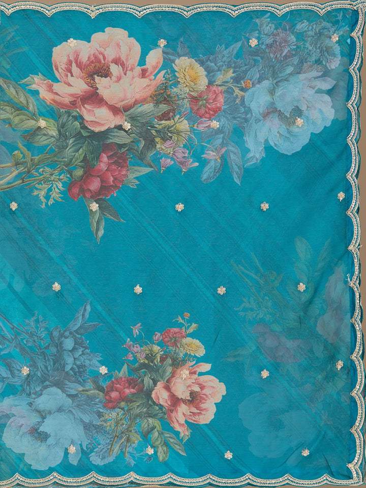 Turquoise Blue Zariwork Soft Raw Silk Readymade Salwar Suit