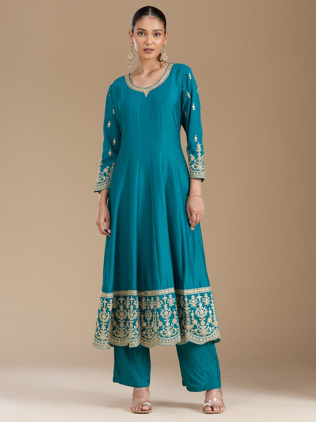 Turquoise Blue Zariwork Soft Raw Silk Readymade Salwar Suit