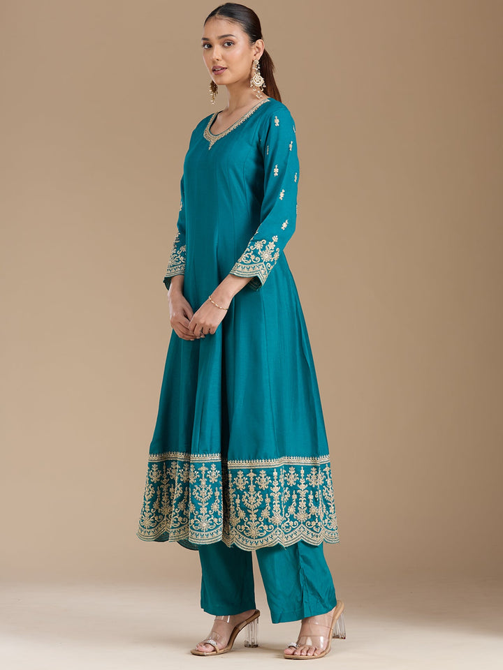 Turquoise Blue Zariwork Soft Raw Silk Readymade Salwar Suit
