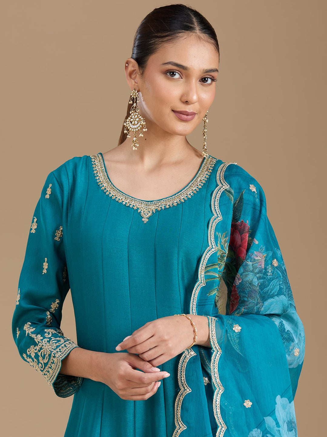 Turquoise Blue Zariwork Soft Raw Silk Readymade Salwar Suit