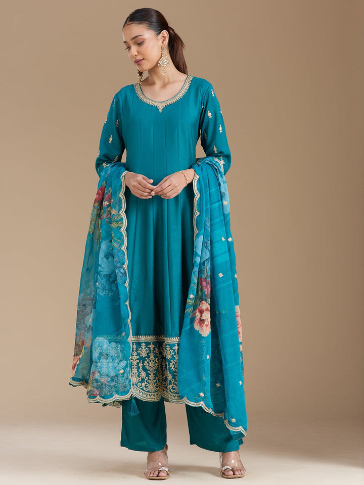Turquoise Blue Zariwork Soft Raw Silk Readymade Salwar Suit