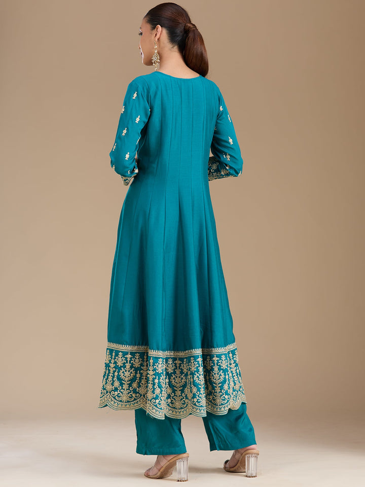 Turquoise Blue Zariwork Soft Raw Silk Readymade Salwar Suit