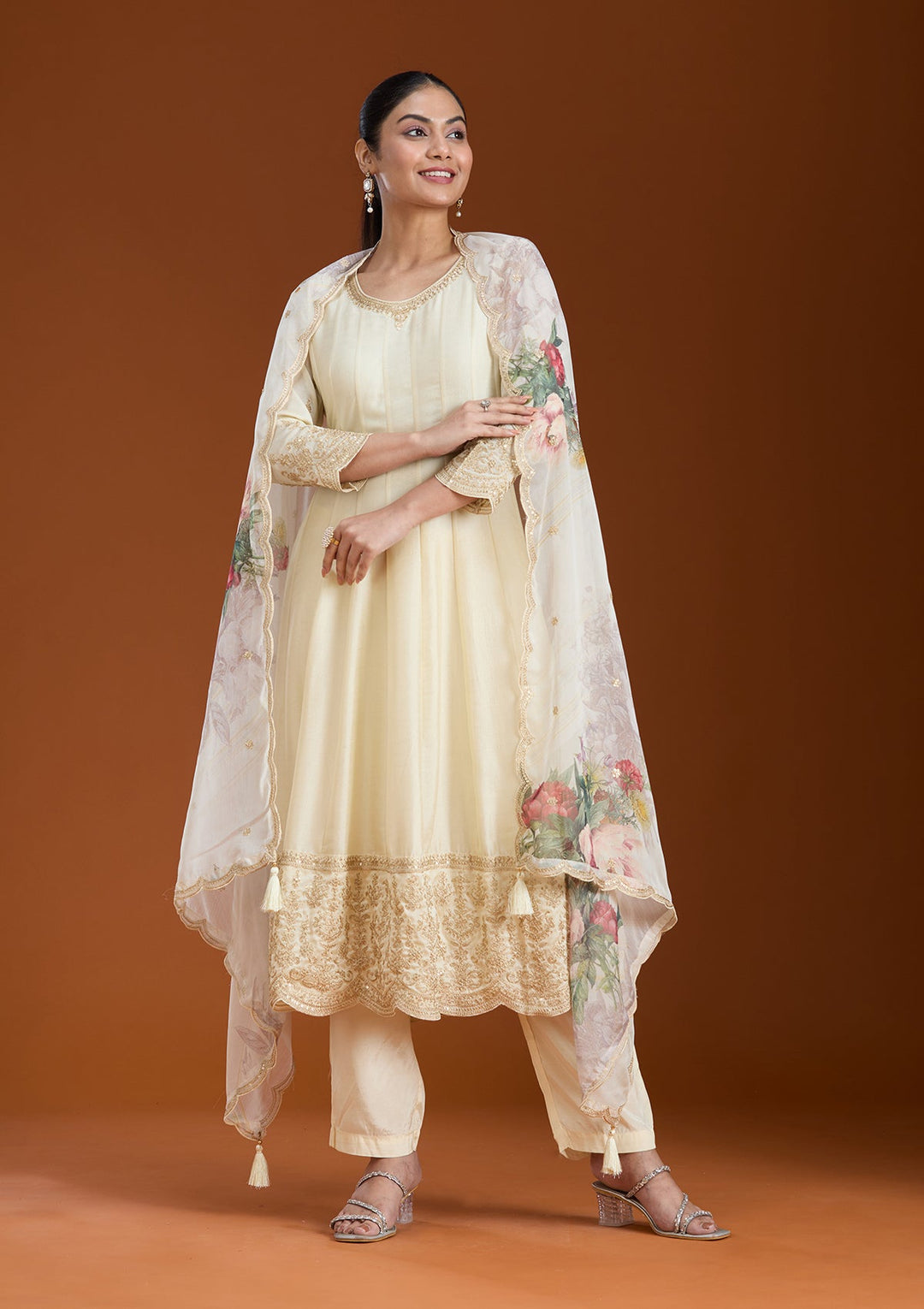 Cream Cording Soft Raw Silk Readymade Salwar Suit_koskii
