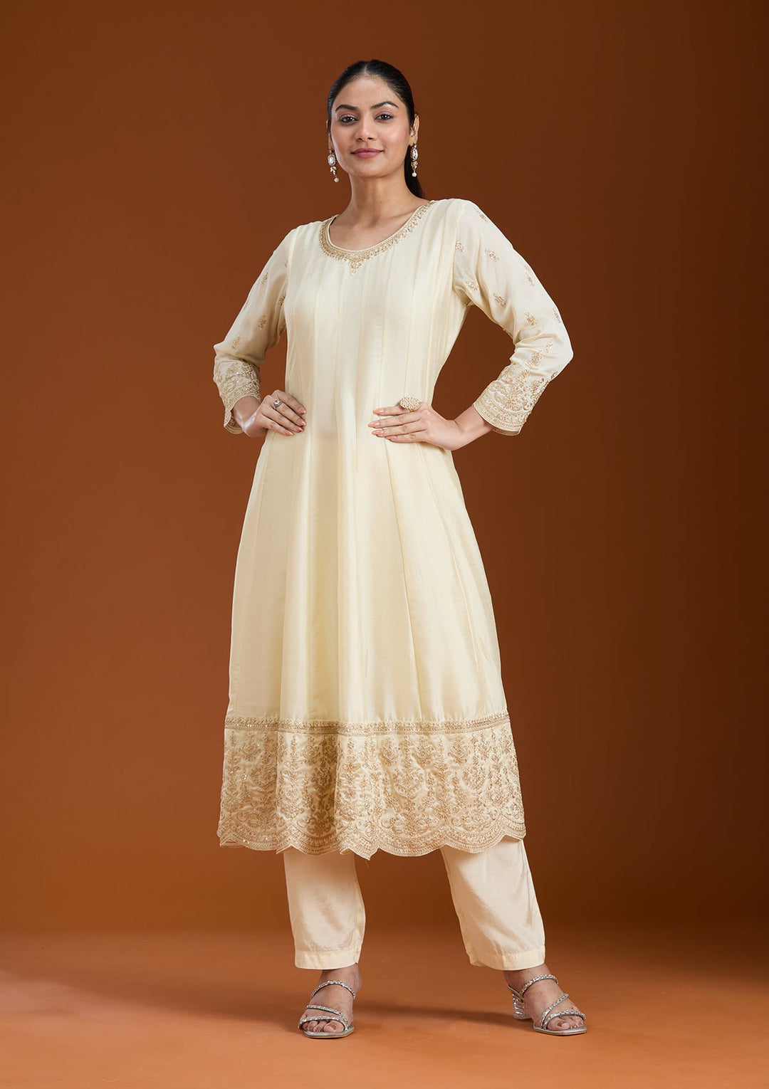 Cream Cording Soft Raw Silk Readymade Salwar Suit_koskii