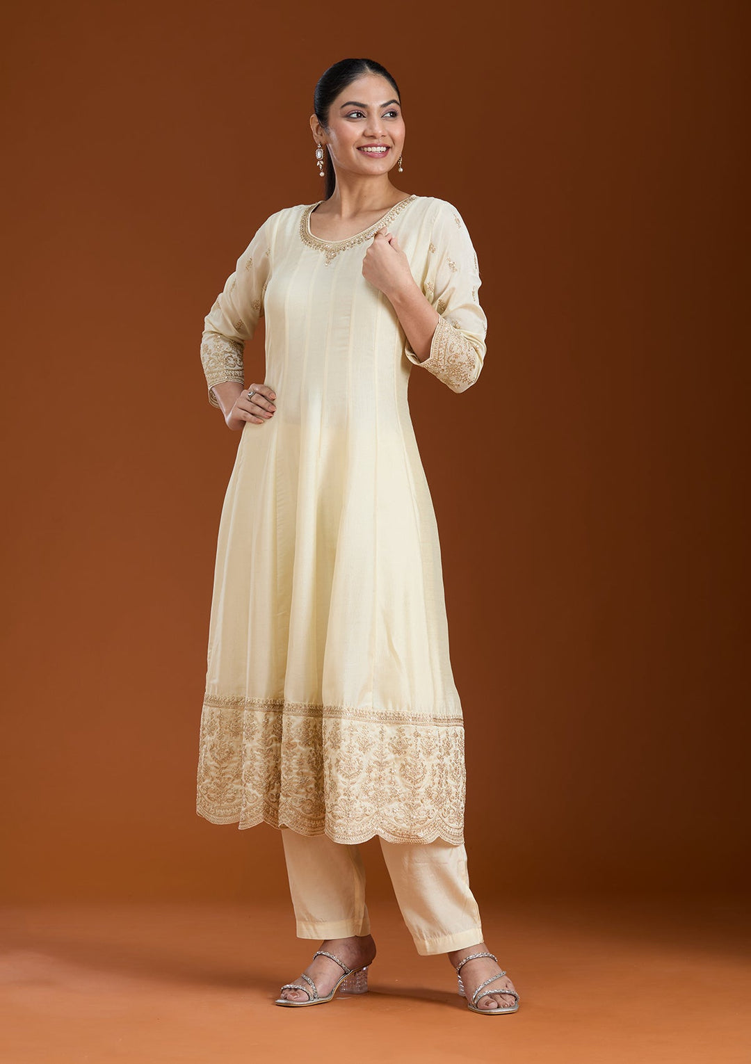 Cream Cording Soft Raw Silk Readymade Salwar Suit_koskii
