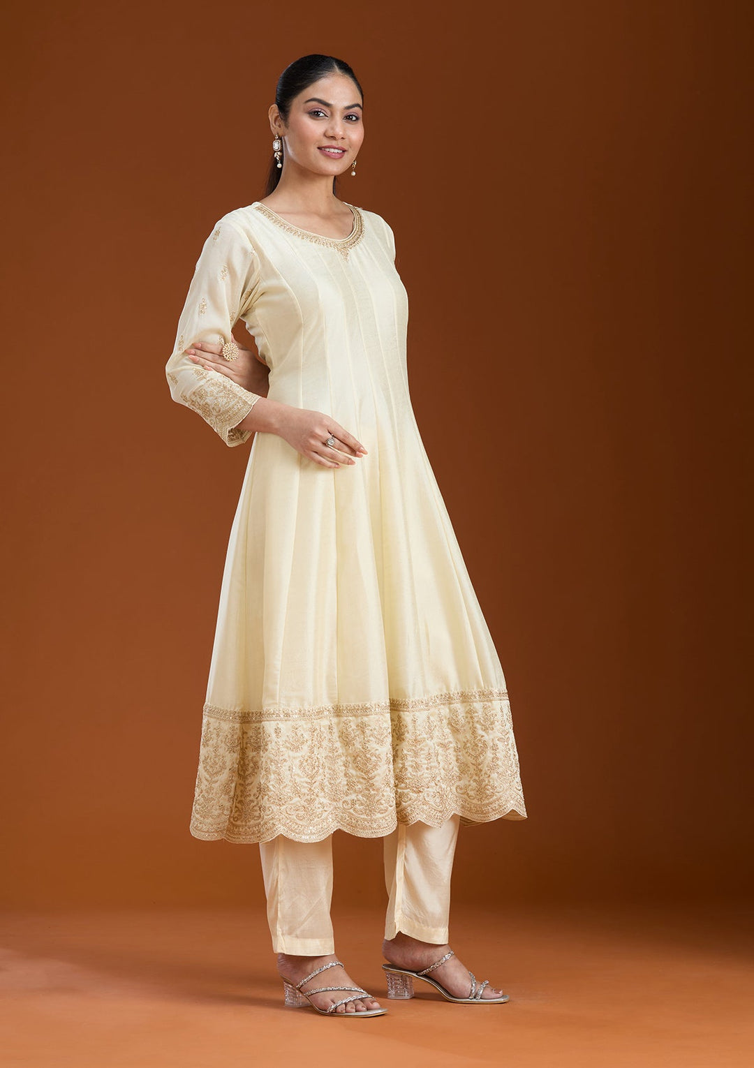 Cream Cording Soft Raw Silk Readymade Salwar Suit_koskii