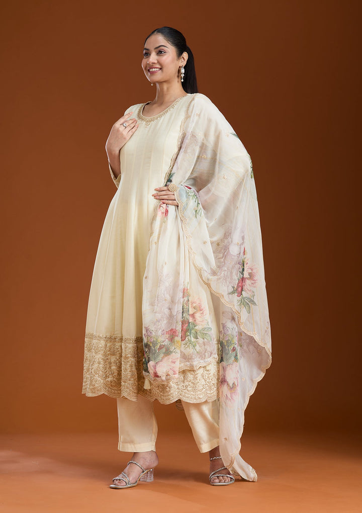 Cream Cording Soft Raw Silk Readymade Salwar Suit_koskii