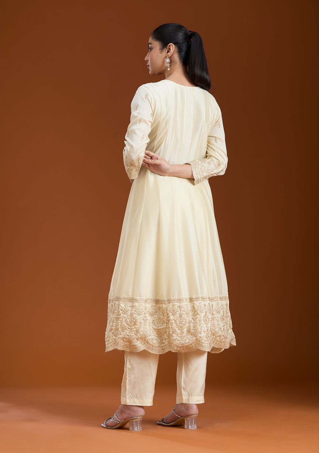 Cream Cording Soft Raw Silk Readymade Salwar Suit_koskii