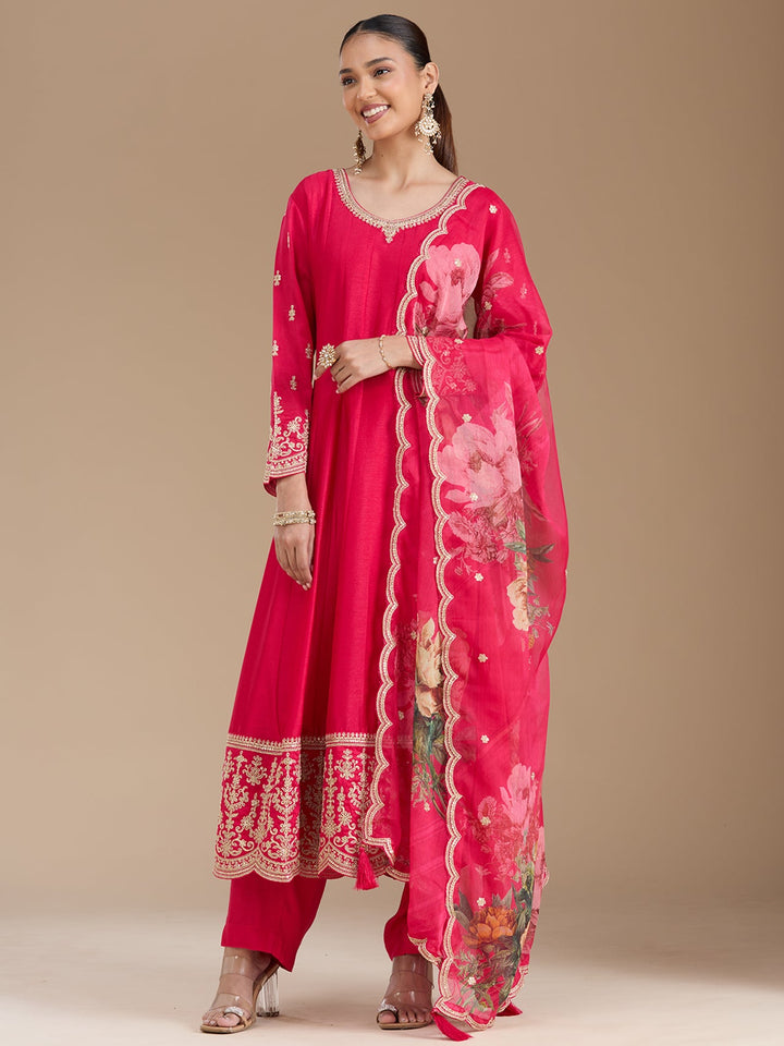 Rani Pink Threadwork Soft Raw Silk Readymade Salwar Suit