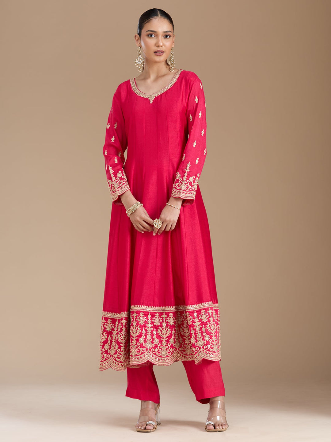 Rani Pink Threadwork Soft Raw Silk Readymade Salwar Suit