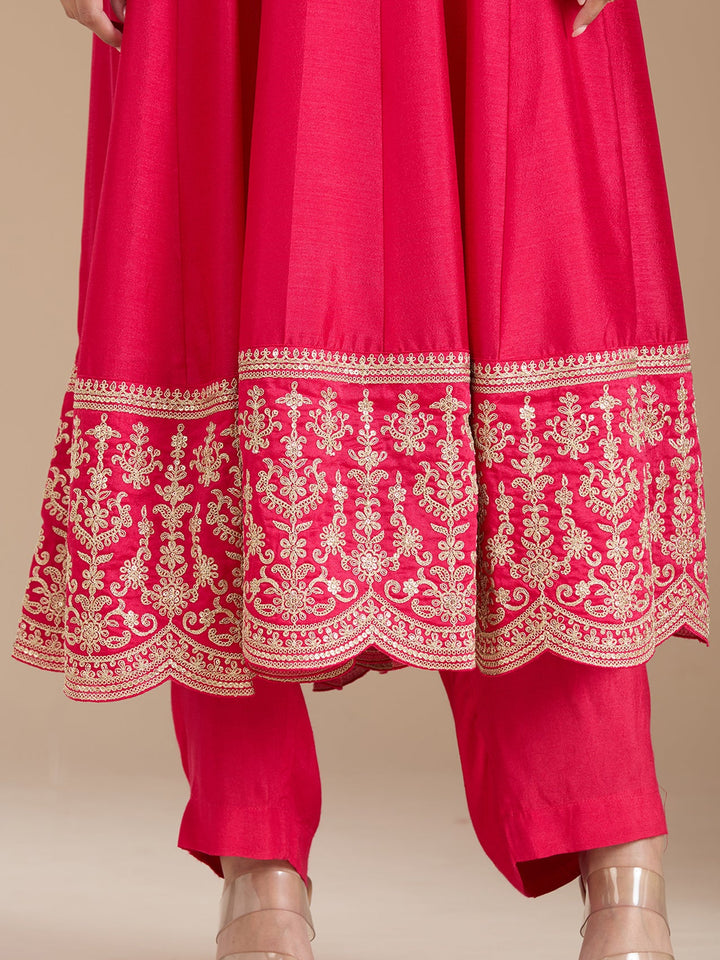 Rani Pink Threadwork Soft Raw Silk Readymade Salwar Suit