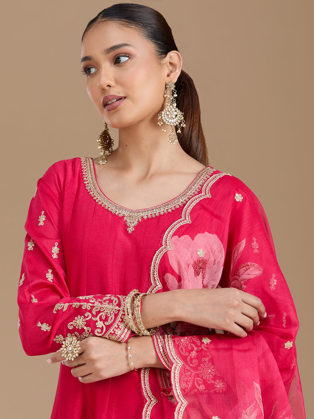 Rani Pink Threadwork Soft Raw Silk Readymade Salwar Suit