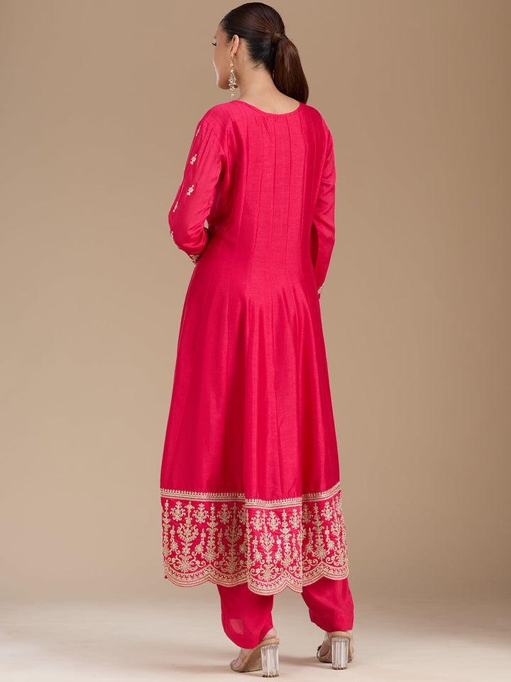 Rani Pink Threadwork Soft Raw Silk Readymade Salwar Suit