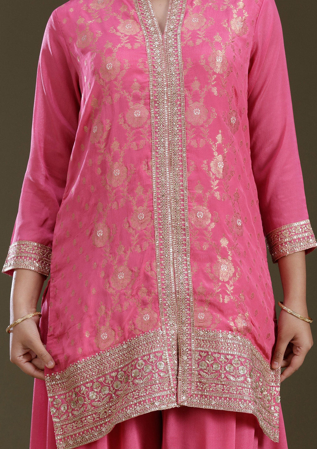 Pink Threadwork Chinon Readymade Salwar Suit