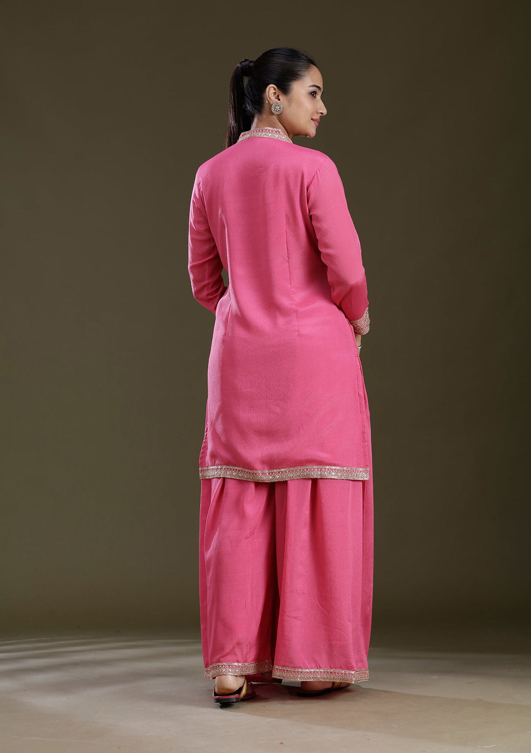 Pink Threadwork Chinon Readymade Salwar Suit