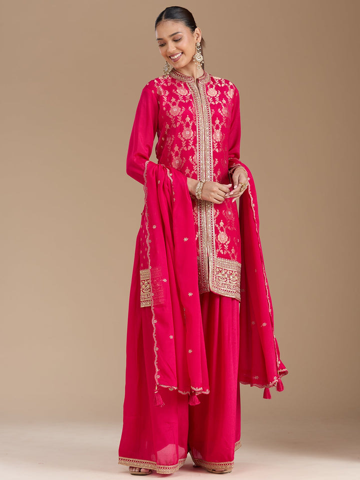 Rani Pink Threadwork Soft Raw Silk Readymade Salwar Suit