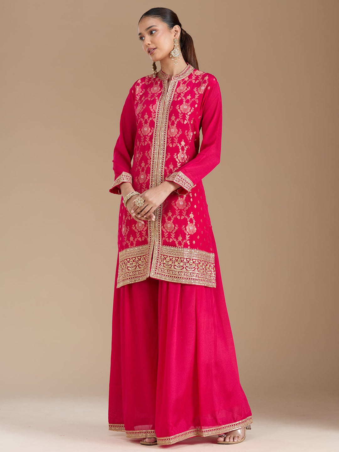 Rani Pink Threadwork Soft Raw Silk Readymade Salwar Suit