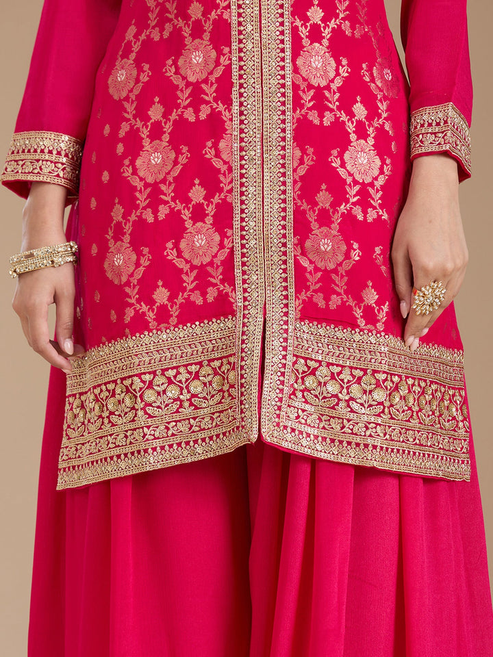 Rani Pink Threadwork Soft Raw Silk Readymade Salwar Suit