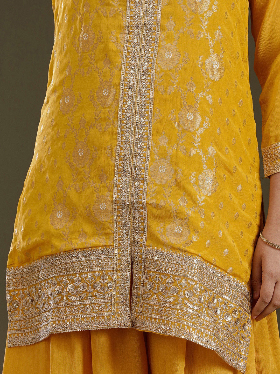 Yellow Zariwork (Gold) Chinon Readymade Salwar Suit