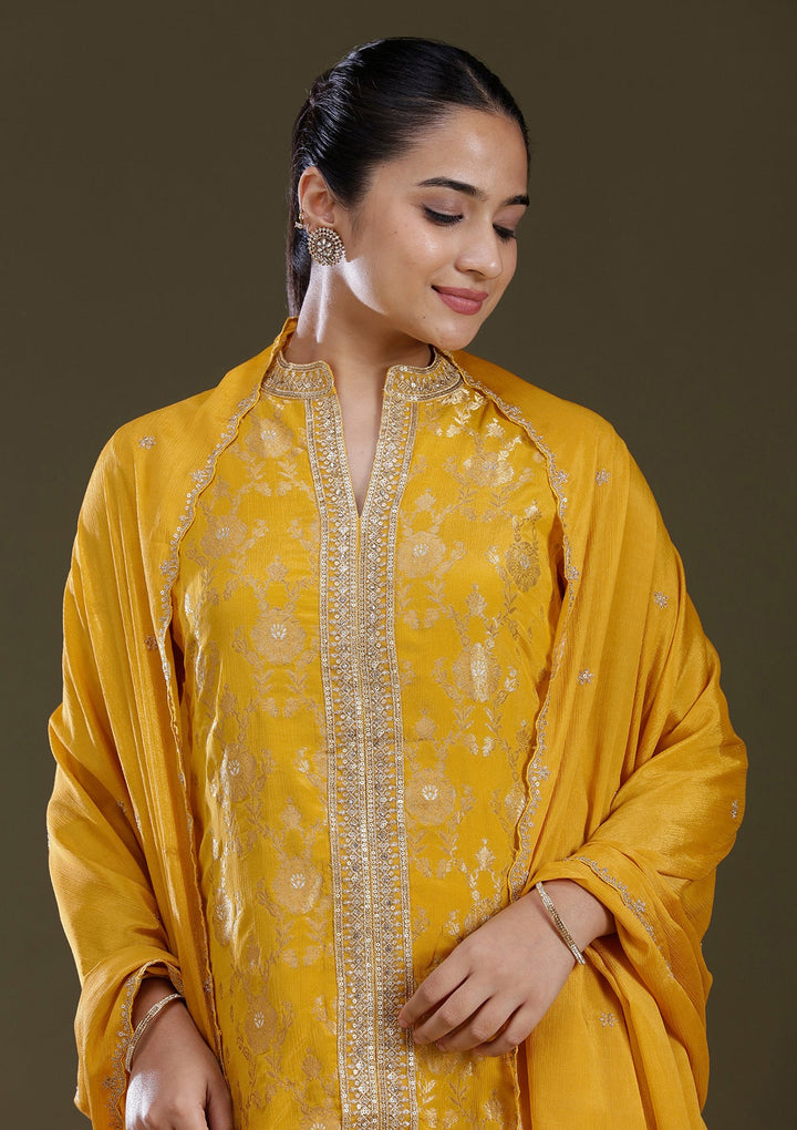 Yellow Zariwork (Gold) Chinon Readymade Salwar Suit