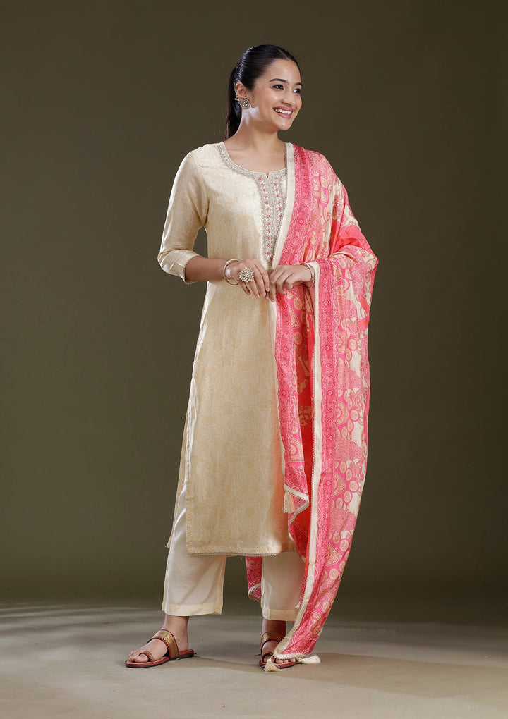 Cream Zariwork (Gold) Brocade Readymade Salwar Suit
